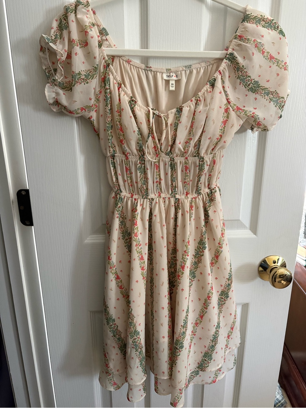 Like New Self❤️e Cream Dress with Pink Floral and Green Vine Print